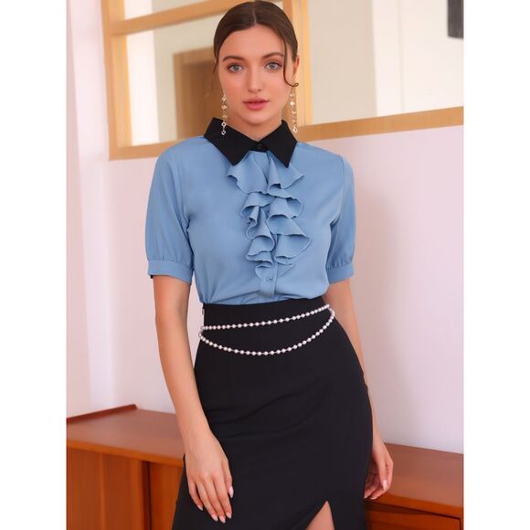 Contrast Collar Tie Ruffle Front Button Short Sleeve Shirt Dusty Blue - Picture 3 of 6